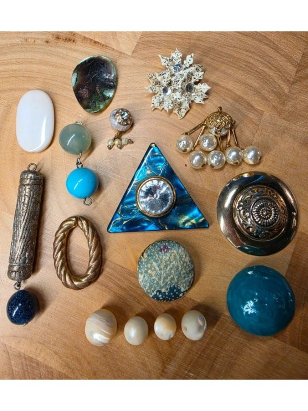 Junk Art Jewelry Curated Lot #4 "Sunken Gala" Rhinestones Wood Pearls Metals Mix